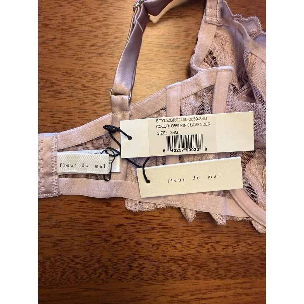 Fleur du Mal Lily Embroidered Underwire Bra Sz 34G Pink Lavender Tulle Satin NWT